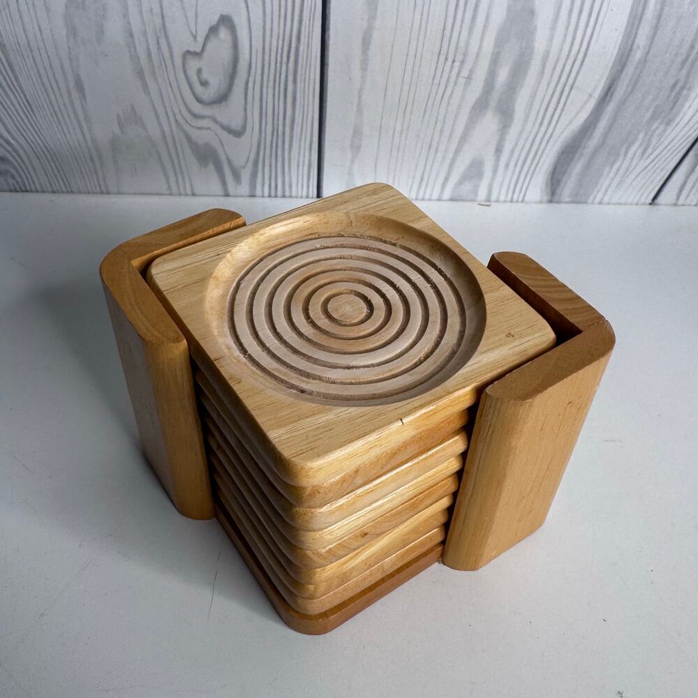 Vintage MCM Teak Beach Wood Bullseye Coasters 8 and Caddy By Dolphin Full Set